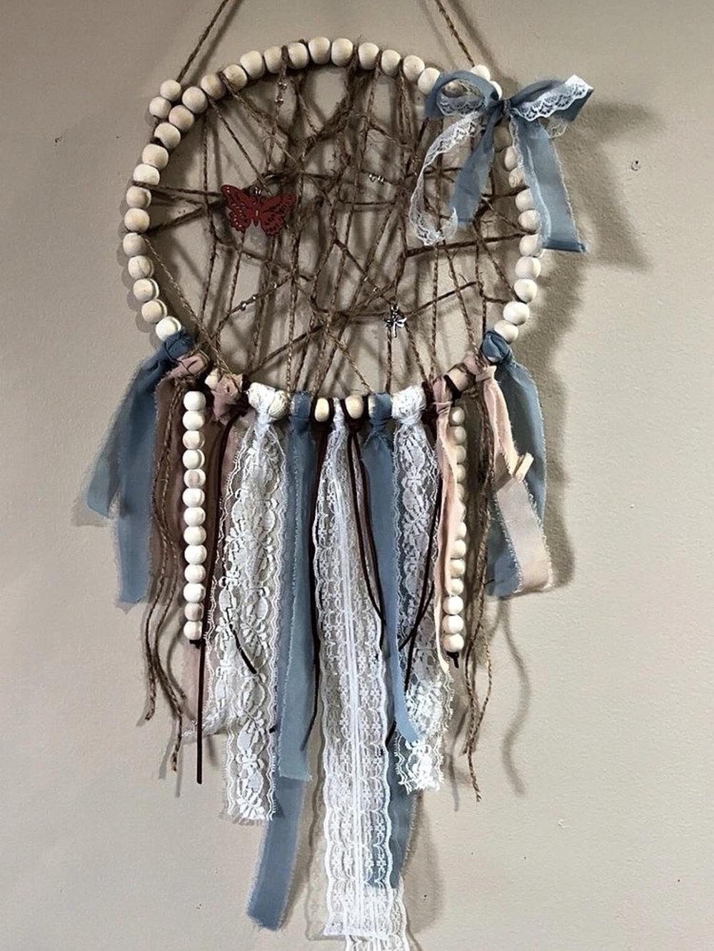 Handmade Beaded Boho Wall Hanging in Dusty Blue and Sand